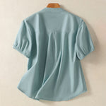 Buddha Stones Summer Casual Mandarin Collar Half Button Solid Puff Sleeve Women's Short Sleeve Shirts