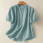 Buddha Stones Summer Casual Mandarin Collar Half Button Solid Puff Sleeve Women's Short Sleeve Shirts
