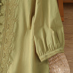 Buddha Stones Summer Vintage Geometric Embroidery Button-Up Solid Women's Short Sleeve Shirts
