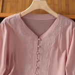Buddha Stones Summer Vintage Geometric Embroidery Button-Up Solid Women's Short Sleeve Shirts