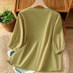 Buddha Stones Summer Vintage Geometric Embroidery Button-Up Solid Women's Short Sleeve Shirts