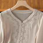 Buddha Stones Summer Vintage Geometric Embroidery Button-Up Solid Women's Short Sleeve Shirts