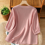 Buddha Stones Summer Vintage Geometric Embroidery Button-Up Solid Women's Short Sleeve Shirts