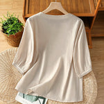 Buddha Stones Summer Vintage Geometric Embroidery Button-Up Solid Women's Short Sleeve Shirts