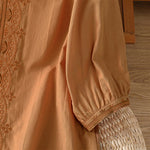 Buddha Stones Summer Vintage Geometric Embroidery Button-Up Solid Women's Short Sleeve Shirts