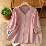 Buddha Stones Summer Vintage Geometric Embroidery Button-Up Solid Women's Short Sleeve Shirts
