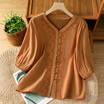 Buddha Stones Summer Vintage Geometric Embroidery Button-Up Solid Women's Short Sleeve Shirts