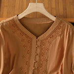 Buddha Stones Summer Vintage Geometric Embroidery Button-Up Solid Women's Short Sleeve Shirts