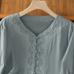 Buddha Stones Summer Vintage Geometric Embroidery Button-Up Solid Women's Short Sleeve Shirts