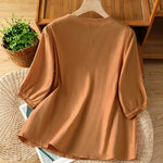 Buddha Stones Summer Vintage Geometric Embroidery Button-Up Solid Women's Short Sleeve Shirts