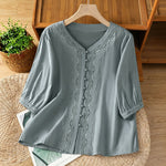 Buddha Stones Summer Vintage Geometric Embroidery Button-Up Solid Women's Short Sleeve Shirts