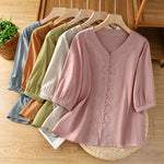 Buddha Stones Summer Vintage Geometric Embroidery Button-Up Solid Women's Short Sleeve Shirts