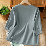 Buddha Stones Summer Vintage Geometric Embroidery Button-Up Solid Women's Short Sleeve Shirts