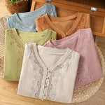 Buddha Stones Summer Vintage Geometric Embroidery Button-Up Solid Women's Short Sleeve Shirts