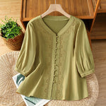 Buddha Stones Summer Vintage Geometric Embroidery Button-Up Solid Women's Short Sleeve Shirts