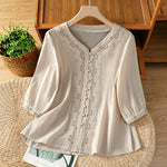 Buddha Stones Summer Vintage Geometric Embroidery Button-Up Solid Women's Short Sleeve Shirts