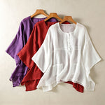 Buddha Stones Summer Casual Boho Patch Pocket Half Button Solid Bell Sleeve Women's Short Sleeve Shirts