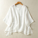 Buddha Stones Summer Casual Boho Patch Pocket Half Button Solid Bell Sleeve Women's Short Sleeve Shirts