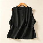 Buddha Stones Summer Casual Minimalist Button-Up Solid Women's Sleeveless Shirts Tank Top With Patch Pocket