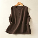 Buddha Stones Summer Casual Minimalist Button-Up Solid Women's Sleeveless Shirts Tank Top With Patch Pocket