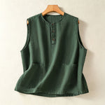 Buddha Stones Summer Casual Minimalist Button-Up Solid Women's Sleeveless Shirts Tank Top With Patch Pocket