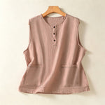Buddha Stones Summer Casual Minimalist Button-Up Solid Women's Sleeveless Shirts Tank Top With Patch Pocket