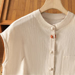 Buddha Stones Summer Tang Style Casual Mandarin Collar Button-Up Solid Patch Pocket Women's Sleeveless Shirts Tank Top