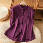 Buddha Stones Summer Tang Style Casual Mandarin Collar Button-Up Solid Patch Pocket Women's Sleeveless Shirts Tank Top