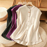 Buddha Stones Summer Tang Style Casual Mandarin Collar Button-Up Solid Patch Pocket Women's Sleeveless Shirts Tank Top