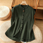 Buddha Stones Summer Tang Style Casual Mandarin Collar Button-Up Solid Patch Pocket Women's Sleeveless Shirts Tank Top