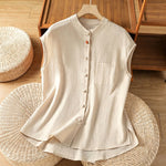 Buddha Stones Summer Tang Style Casual Mandarin Collar Button-Up Solid Patch Pocket Women's Sleeveless Shirts Tank Top