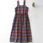 Buddha Stones Summer Casual Vintage Drawstring Rainbow Plaid Women's Summer Sleeveless Dress