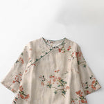 Buddha Stones Summer Tang Style Mandarin Collar Small Red Flowers Women's Short Sleeve Dress