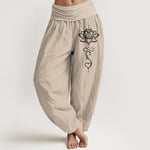 Buddha Stones Pure Cotton Lotus Heart Pattern Women's Elastic Waist Harem Pants