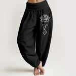 Buddha Stones Pure Cotton Lotus Heart Pattern Women's Elastic Waist Harem Pants