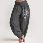 Buddha Stones Pure Cotton Lotus Pattern Women's Elastic Waist Harem Pants