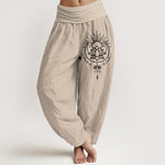 Buddha Stones Pure Cotton Lotus Pattern Women's Elastic Waist Harem Pants