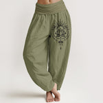 Buddha Stones Pure Cotton Lotus Pattern Women's Elastic Waist Harem Pants