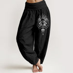 Buddha Stones Pure Cotton Lotus Pattern Women's Elastic Waist Harem Pants