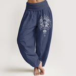 Buddha Stones Pure Cotton Lotus Pattern Women's Elastic Waist Harem Pants
