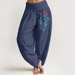 Buddha Stones Pure Cotton Deep Pink Lotus Blue Swirl Pattern Women's Elastic Waist Harem Pants
