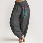 Buddha Stones Pure Cotton Deep Pink Lotus Blue Swirl Pattern Women's Elastic Waist Harem Pants