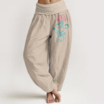 Buddha Stones Pure Cotton Deep Pink Lotus Blue Swirl Pattern Women's Elastic Waist Harem Pants