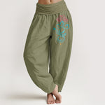 Buddha Stones Pure Cotton Deep Pink Lotus Blue Swirl Pattern Women's Elastic Waist Harem Pants