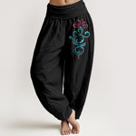 Buddha Stones Pure Cotton Deep Pink Lotus Blue Swirl Pattern Women's Elastic Waist Harem Pants