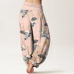Buddha Stones Cotton Crane Fan Floral Pattern Women's Elastic Waist Harem Pants