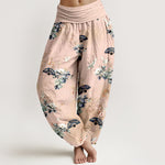 Buddha Stones Cotton Crane Fan Floral Pattern Women's Elastic Waist Harem Pants