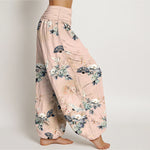 Buddha Stones Cotton Crane Fan Floral Pattern Women's Elastic Waist Harem Pants