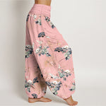Buddha Stones Cotton Crane Fan Floral Pattern Women's Elastic Waist Harem Pants