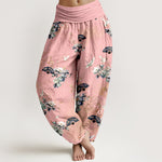 Buddha Stones Cotton Crane Fan Floral Pattern Women's Elastic Waist Harem Pants